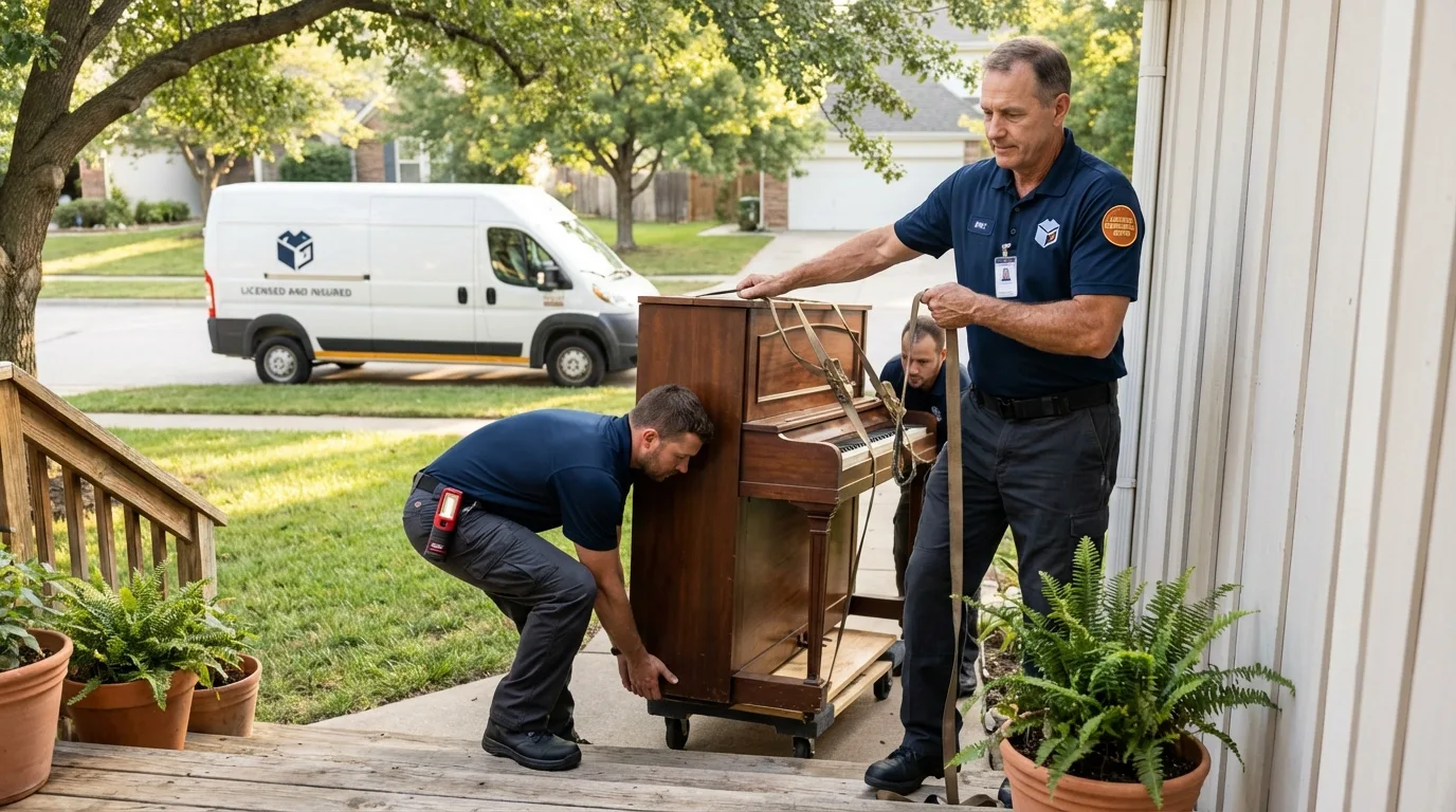 Licensed piano movers securing grand piano in Lavaca, AR