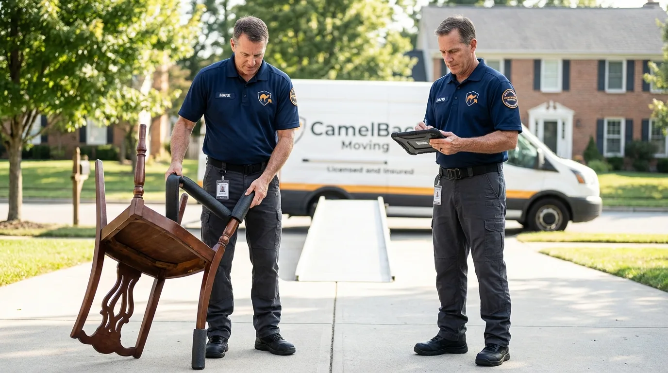 Movers inspecting furniture for damage prevention before loading in Lavaca, AR