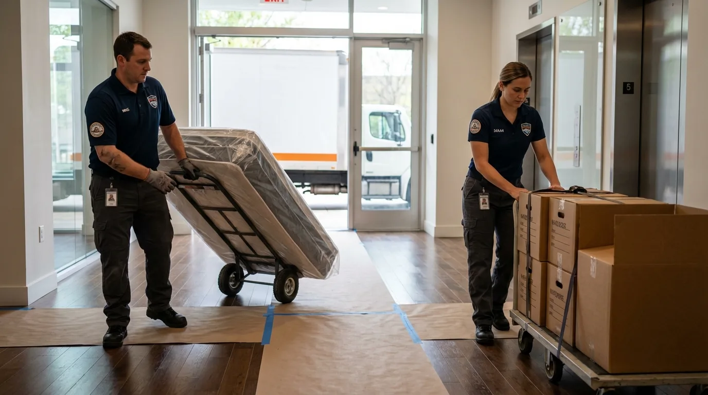 Professional apartment movers loading elevator in Lavaca, AR